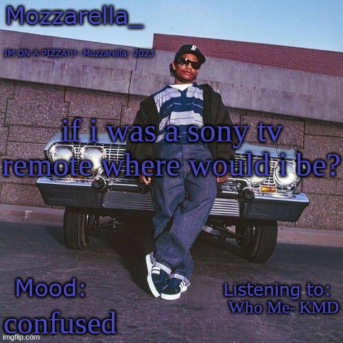 Eazy-E Temp | if i was a sony tv remote where would i be? Who Me- KMD; confused | image tagged in eazy-e temp | made w/ Imgflip meme maker