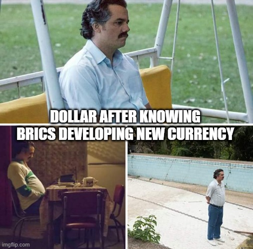 dollah dollah bills ye | DOLLAR AFTER KNOWING BRICS DEVELOPING NEW CURRENCY | image tagged in memes,sad pablo escobar | made w/ Imgflip meme maker