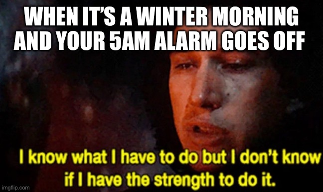 I know what I have to do but I don’t know if I have the strength | WHEN IT’S A WINTER MORNING AND YOUR 5AM ALARM GOES OFF | image tagged in i know what i have to do but i don t know if i have the strength | made w/ Imgflip meme maker