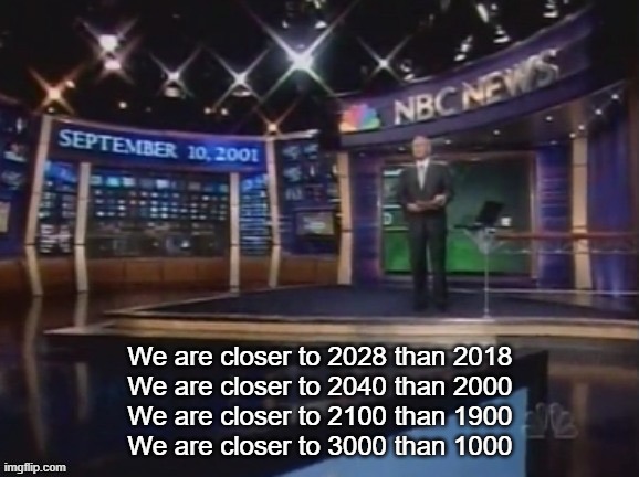 September 10, 2001 | We are closer to 2028 than 2018
We are closer to 2040 than 2000
We are closer to 2100 than 1900
We are closer to 3000 than 1000 | image tagged in september 10 2001 | made w/ Imgflip meme maker