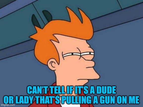 Futurama Fry Meme | CAN’T TELL IF IT’S A DUDE OR LADY THAT’S PULLING A GUN ON ME | image tagged in memes,futurama fry | made w/ Imgflip meme maker