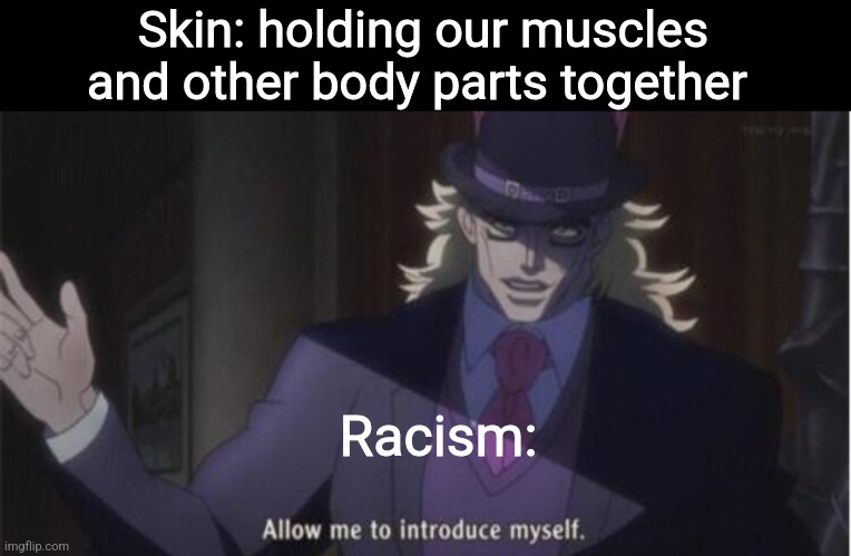 Allow me to introduce myself(jojo) | Skin: holding our muscles and other body parts together; Racism: | image tagged in allow me to introduce myself jojo | made w/ Imgflip meme maker