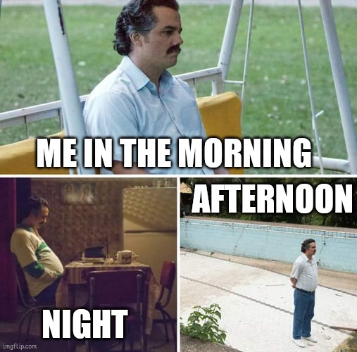 Sad Pablo Escobar Meme | ME IN THE MORNING; AFTERNOON; NIGHT | image tagged in memes,sad pablo escobar | made w/ Imgflip meme maker