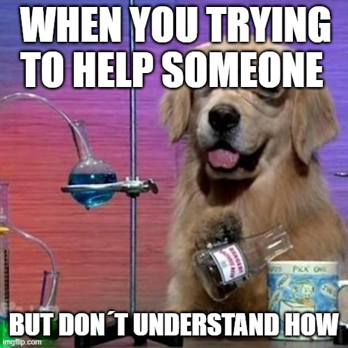 I Have No Idea What I Am Doing Dog | WHEN YOU TRYING TO HELP SOMEONE; BUT DON´T UNDERSTAND HOW | image tagged in memes,i have no idea what i am doing dog | made w/ Imgflip meme maker