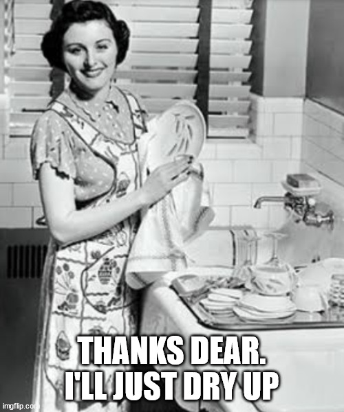 washing dishes | THANKS DEAR. I'LL JUST DRY UP | image tagged in washing dishes | made w/ Imgflip meme maker