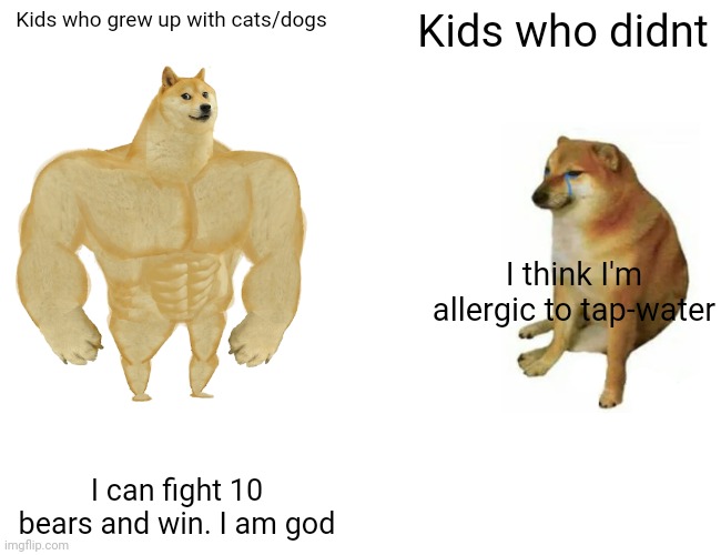 Facts | Kids who grew up with cats/dogs; Kids who didnt; I think I'm allergic to tap-water; I can fight 10 bears and win. I am god | image tagged in memes,buff doge vs cheems,dogs | made w/ Imgflip meme maker