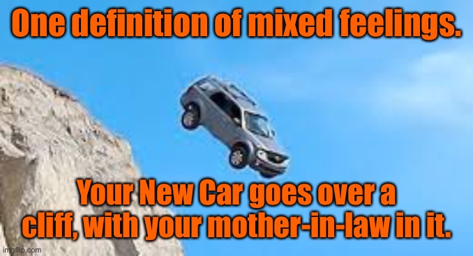 Mixed feelings | One definition of mixed feelings. Your New Car goes over a cliff, with your mother-in-law in it. | image tagged in car goes over cliff,mixed feelings,mother in law in it,new car | made w/ Imgflip meme maker