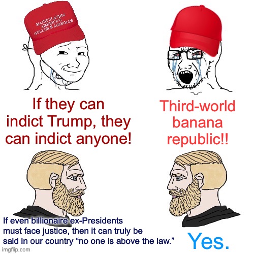 Banana republic or functioning constitutional republic: Who would win? | Third-world banana republic!! If they can indict Trump, they can indict anyone! If even billionaire ex-Presidents must face justice, then it can truly be said in our country “no one is above the law.”; Yes. | image tagged in maga wojaks vs yes chad,trump,donald trump,trump 2024,trump 2028,trump 2032 | made w/ Imgflip meme maker