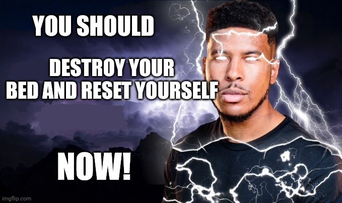 Thing | YOU SHOULD; DESTROY YOUR BED AND RESET YOURSELF; NOW! | image tagged in you should kill yourself now | made w/ Imgflip meme maker