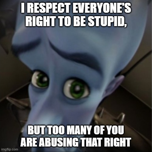 Megamind peeking | I RESPECT EVERYONE'S RIGHT TO BE STUPID, BUT TOO MANY OF YOU ARE ABUSING THAT RIGHT | image tagged in megamind peeking | made w/ Imgflip meme maker