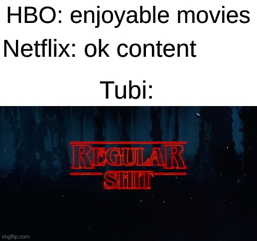 tubi's actually pretty good | HBO: enjoyable movies; Netflix: ok content; Tubi: | image tagged in blank white template,memes | made w/ Imgflip meme maker