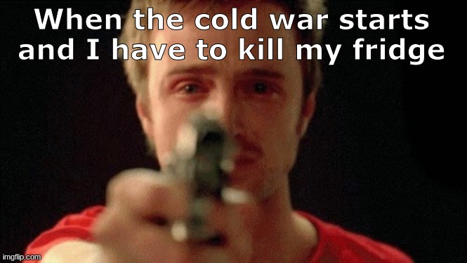 I thought this was funny (my humor is broken) | When the cold war starts and I have to kill my fridge | image tagged in jesse pinkman pointing gun,funny,breaking bad | made w/ Imgflip meme maker