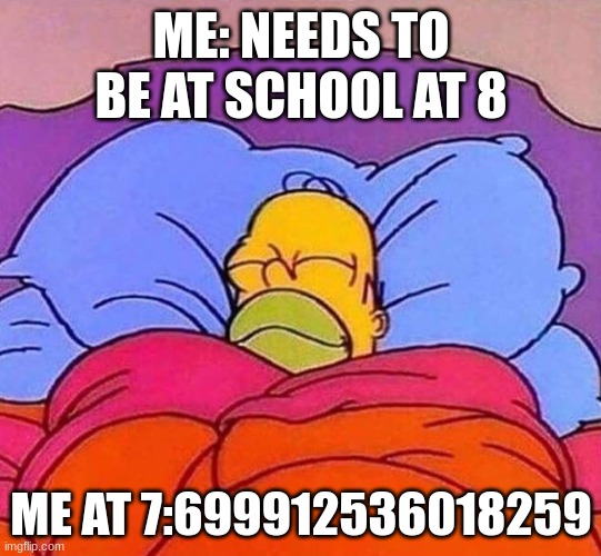 me at 7:123456789765433456787654345tyui | ME: NEEDS TO BE AT SCHOOL AT 8; ME AT 7:699912536018259 | image tagged in homer simpson sleeping peacefully,school | made w/ Imgflip meme maker