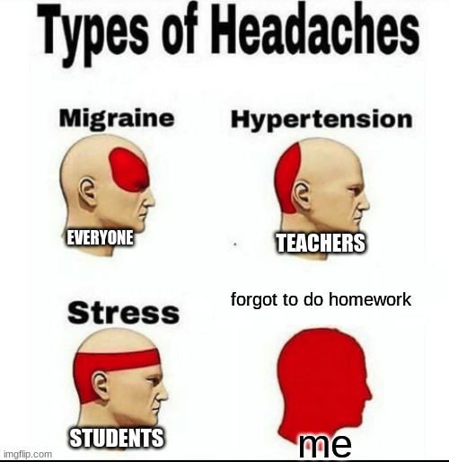 Types of Headaches meme | EVERYONE; TEACHERS; forgot to do homework; STUDENTS; me | image tagged in types of headaches meme | made w/ Imgflip meme maker