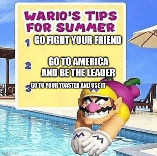 Warios tips for summer | GO FIGHT YOUR FRIEND; GO TO AMERICA AND BE THE LEADER; GO TO YOUR TOASTER AND USE IT | image tagged in warios tips for summer | made w/ Imgflip meme maker