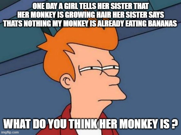 Futurama Fry Meme | ONE DAY A GIRL TELLS HER SISTER THAT HER MONKEY IS GROWING HAIR HER SISTER SAYS THATS NOTHING MY MONKEY IS ALREADY EATING BANANAS; WHAT DO YOU THINK HER MONKEY IS ? | image tagged in memes,futurama fry | made w/ Imgflip meme maker
