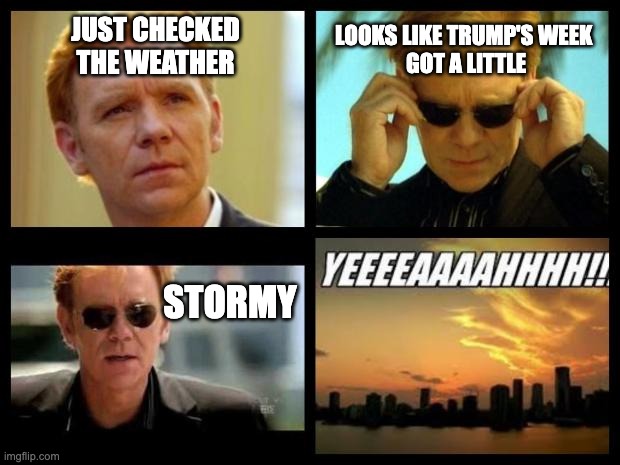 CSI | LOOKS LIKE TRUMP'S WEEK 
GOT A LITTLE; JUST CHECKED THE WEATHER; STORMY | image tagged in csi | made w/ Imgflip meme maker