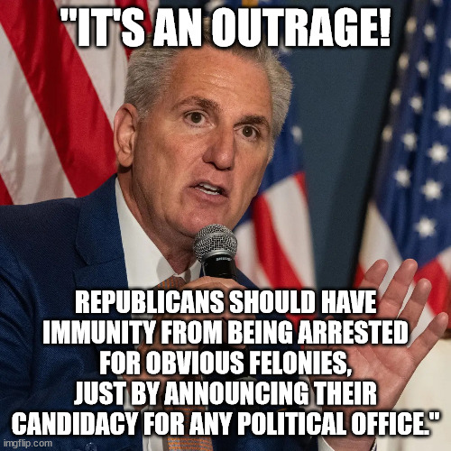 GOP: Above the law. | "IT'S AN OUTRAGE! REPUBLICANS SHOULD HAVE IMMUNITY FROM BEING ARRESTED FOR OBVIOUS FELONIES, JUST BY ANNOUNCING THEIR CANDIDACY FOR ANY POLITICAL OFFICE." | image tagged in scumbag trump,tax cheat trump,scumbag gop fauxtrage | made w/ Imgflip meme maker