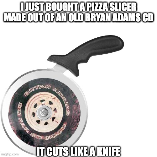 Useful That | I JUST BOUGHT A PIZZA SLICER MADE OUT OF AN OLD BRYAN ADAMS CD; IT CUTS LIKE A KNIFE | image tagged in bryan adams,pun | made w/ Imgflip meme maker