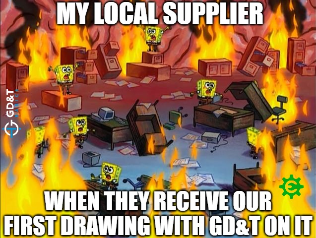 My local supplier... | MY LOCAL SUPPLIER; WHEN THEY RECEIVE OUR FIRST DRAWING WITH GD&T ON IT | image tagged in spongebob fire,production,manufacturing,design | made w/ Imgflip meme maker