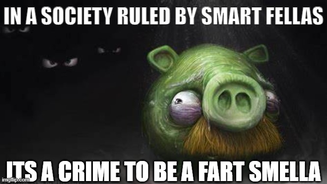 Realistic Pig In Dark | IN A SOCIETY RULED BY SMART FELLAS; ITS A CRIME TO BE A FART SMELLA | image tagged in realistic pig in dark | made w/ Imgflip meme maker