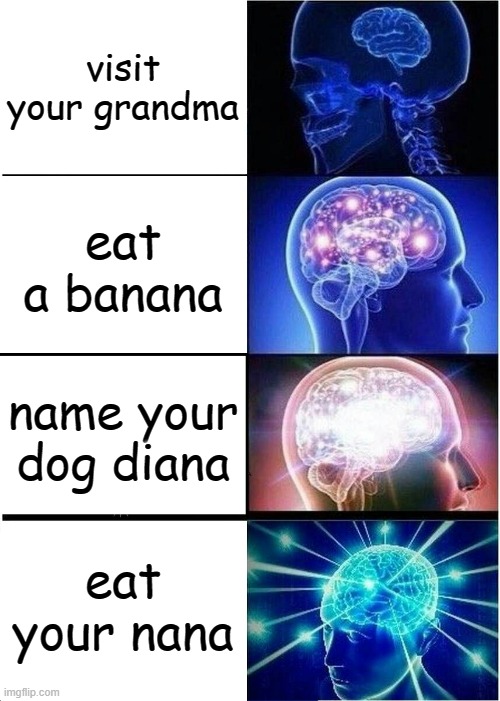 welp | visit your grandma; eat a banana; name your dog diana; eat your nana | image tagged in memes,expanding brain | made w/ Imgflip meme maker
