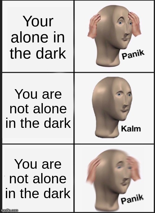 The dark | Your alone in the dark; You are not alone in the dark; You are not alone in the dark | image tagged in memes,panik kalm panik | made w/ Imgflip meme maker