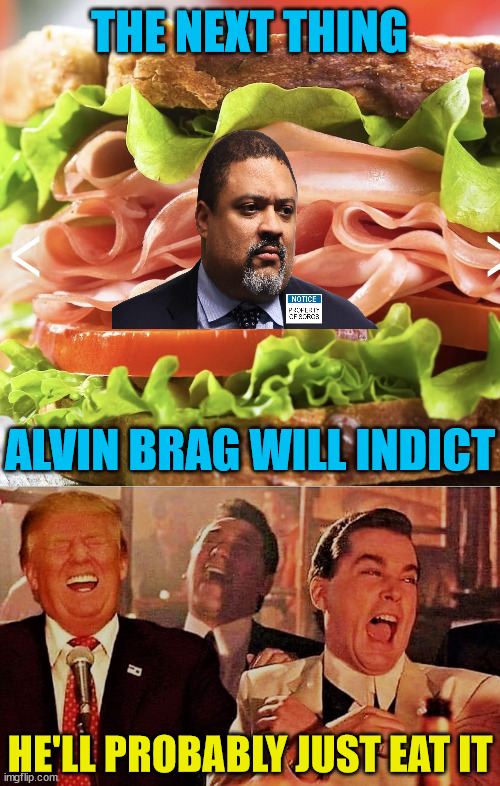 You can Indict a Ham Sandwich or just eat it | THE NEXT THING; ALVIN BRAG WILL INDICT; HE'LL PROBABLY JUST EAT IT | image tagged in memes,good fellas hilarious,donald trump,first world problems,no no hes got a point,i see what you did there | made w/ Imgflip meme maker