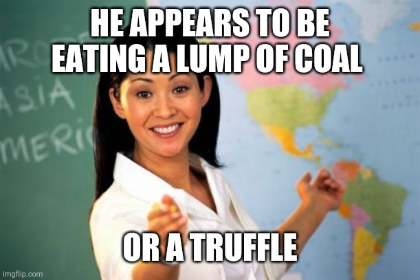 Unhelpful High School Teacher Meme | HE APPEARS TO BE EATING A LUMP OF COAL OR A TRUFFLE | image tagged in memes,unhelpful high school teacher | made w/ Imgflip meme maker