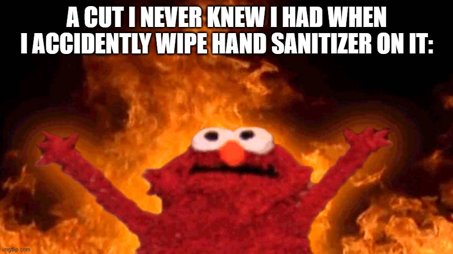 Relatable anyone? :) | A CUT I NEVER KNEW I HAD WHEN I ACCIDENTLY WIPE HAND SANITIZER ON IT: | image tagged in elmo fire | made w/ Imgflip meme maker