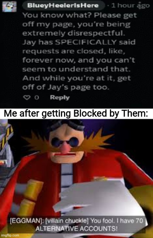 Eggman Alternative Accounts | Me after getting Blocked by Them: | image tagged in eggman alternative accounts,deviantart,comment,bluey,blocked | made w/ Imgflip meme maker