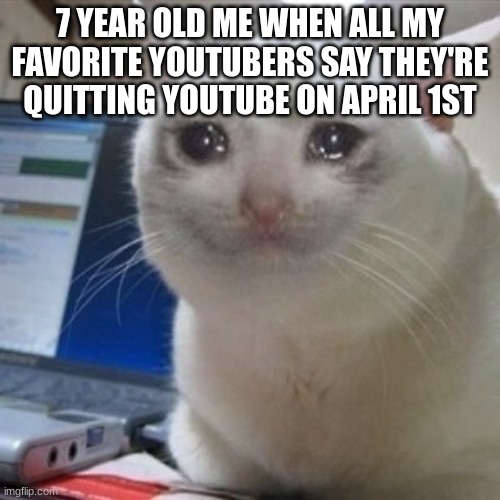 we all getting ready for tommorow lmao | 7 YEAR OLD ME WHEN ALL MY FAVORITE YOUTUBERS SAY THEY'RE QUITTING YOUTUBE ON APRIL 1ST | image tagged in crying cat | made w/ Imgflip meme maker