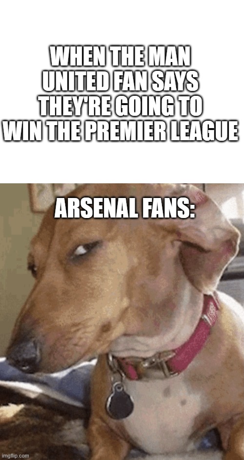 WHEN THE MAN UNITED FAN SAYS THEY'RE GOING TO WIN THE PREMIER LEAGUE; ARSENAL FANS: | image tagged in side eye dog | made w/ Imgflip meme maker