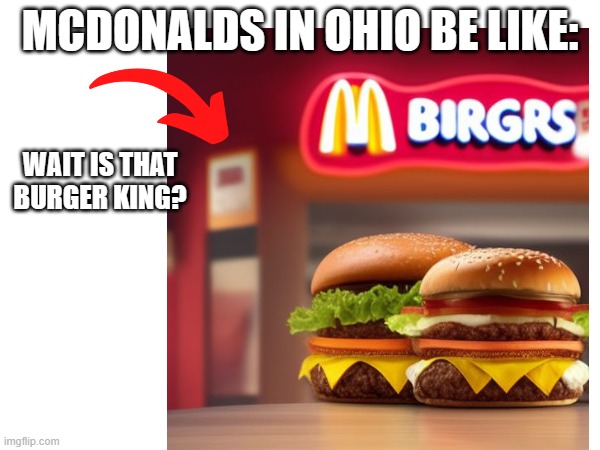 Average Day in Ohio Meme #3- BIRGRS | MCDONALDS IN OHIO BE LIKE:; WAIT IS THAT BURGER KING? | image tagged in mcdonalds,ohio,burger king,burger,bobux | made w/ Imgflip meme maker