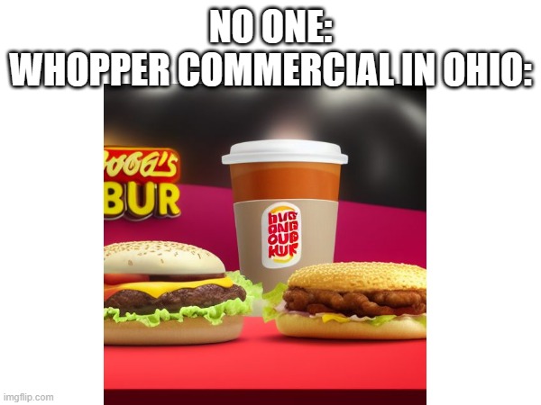 Average Day in Ohio Meme #4: BUGONGKOURKUG | NO ONE:
WHOPPER COMMERCIAL IN OHIO: | image tagged in burger king,ohio,only in ohio | made w/ Imgflip meme maker