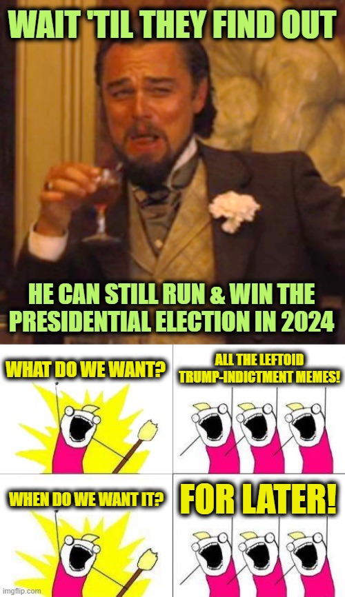 WHAT DO WE WANT? ALL THE LEFTOID TRUMP-INDICTMENT MEMES! WHEN DO WE WANT IT? FOR LATER! WAIT 'TIL THEY FIND OUT HE CAN STILL RUN & WIN THE P | image tagged in memes,laughing leo,what do we want | made w/ Imgflip meme maker