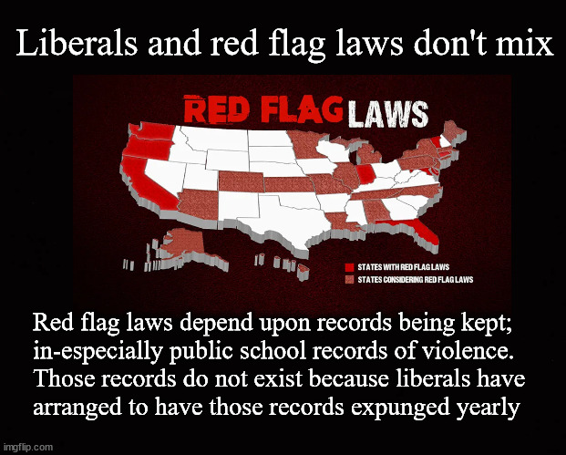 Liberals and red flag laws don't mix | Liberals and red flag laws don't mix; Red flag laws depend upon records being kept; 
in-especially public school records of violence.  
Those records do not exist because liberals have 
arranged to have those records expunged yearly | image tagged in liberals in public education,red flag laws | made w/ Imgflip meme maker