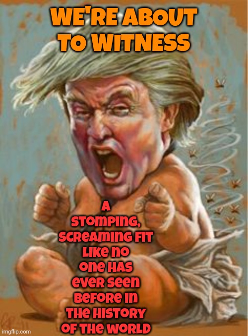 Even This Won't Shut The Gargantuan Lying Hole In His Face | WE'RE ABOUT TO WITNESS; A stomping, screaming fit like no one has ever seen before in the history of the world | image tagged in trump baby,trump was indicted,trump was impeached,trump lost,memes,trump is a moron | made w/ Imgflip meme maker