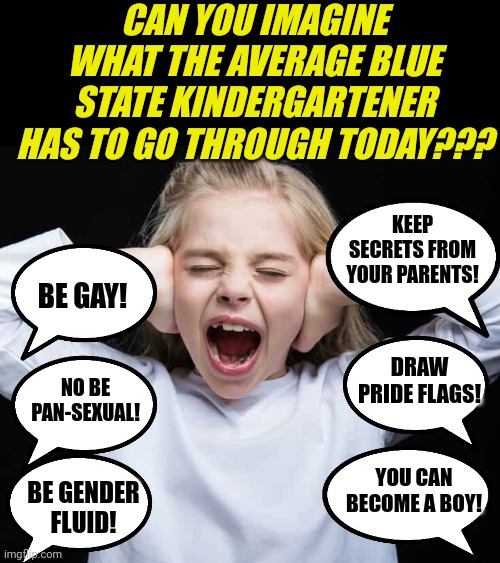 Liberals are so enamored with brainwashing, I guess finger painting and making funny hats in kindergarten is out? | CAN YOU IMAGINE WHAT THE AVERAGE BLUE STATE KINDERGARTENER HAS TO GO THROUGH TODAY??? KEEP SECRETS FROM YOUR PARENTS! BE GAY! DRAW PRIDE FLAGS! NO BE PAN-SEXUAL! YOU CAN BECOME A BOY! BE GENDER FLUID! | image tagged in cover ears not listening,liberals,brainwashing,kids these days,biased media,democrat | made w/ Imgflip meme maker