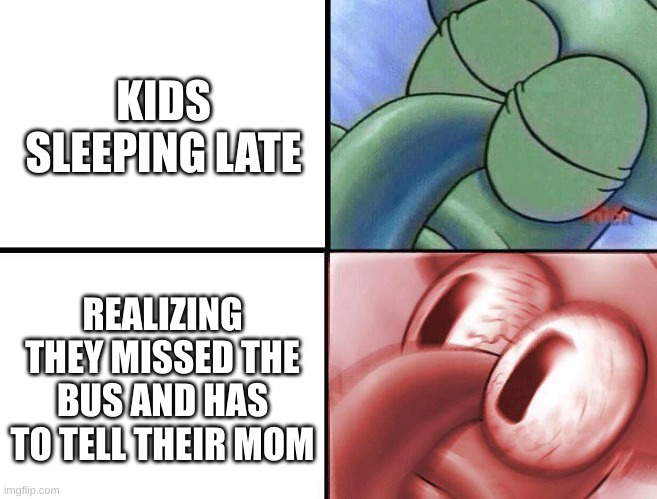 sleeping Squidward | KIDS SLEEPING LATE; REALIZING THEY MISSED THE BUS AND HAS TO TELL THEIR MOM | image tagged in sleeping squidward | made w/ Imgflip meme maker