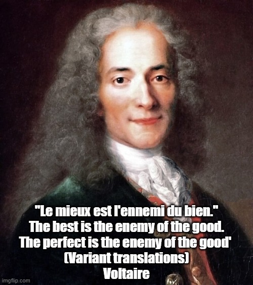 "The Best Is Enemy Of The Good" Voltaire | "Le mieux est l'ennemi du bien."
The best is the enemy of the good.
The perfect is the enemy of the good' 
(Variant translations)
Voltaire | image tagged in voltaire,perfection,best is enemy of the good,perfectionism | made w/ Imgflip meme maker