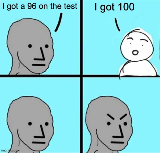 test grade | I got 100; I got a 96 on the test | image tagged in npc meme | made w/ Imgflip meme maker