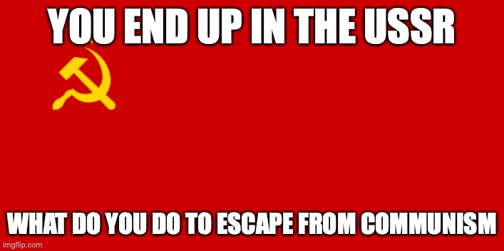 USSR Flag | YOU END UP IN THE USSR; WHAT DO YOU DO TO ESCAPE FROM COMMUNISM | image tagged in ussr flag | made w/ Imgflip meme maker