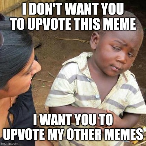 ? | I DON'T WANT YOU TO UPVOTE THIS MEME; I WANT YOU TO UPVOTE MY OTHER MEMES | image tagged in memes,third world skeptical kid | made w/ Imgflip meme maker