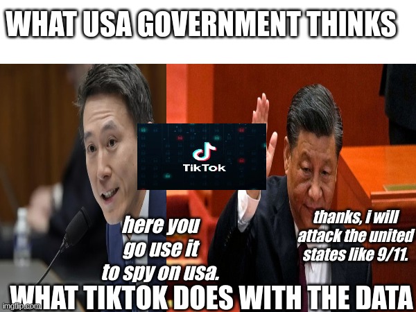 just why... | WHAT USA GOVERNMENT THINKS; thanks, i will attack the united states like 9/11. here you go use it to spy on usa. WHAT TIKTOK DOES WITH THE DATA | made w/ Imgflip meme maker