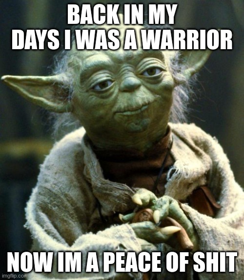 Star Wars Yoda Meme | BACK IN MY DAYS I WAS A WARRIOR; NOW IM A PEACE OF SHIT | image tagged in memes,star wars yoda | made w/ Imgflip meme maker