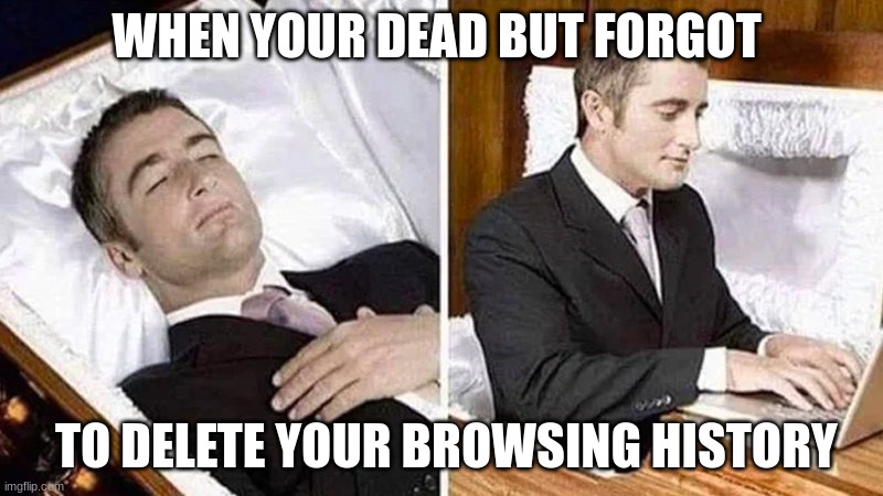 "Hold On Let Me Do Somthing" | WHEN YOUR DEAD BUT FORGOT; TO DELETE YOUR BROWSING HISTORY | image tagged in deceased man in coffin typing,funny memes,memes,death,funny meme,funny | made w/ Imgflip meme maker