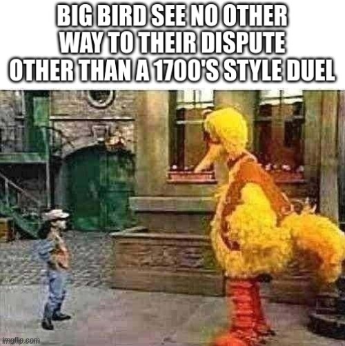 Big Bird duel | image tagged in funny,memes,goofy ahh,dark humor,pew pew pew,why are you reading the tags | made w/ Imgflip meme maker