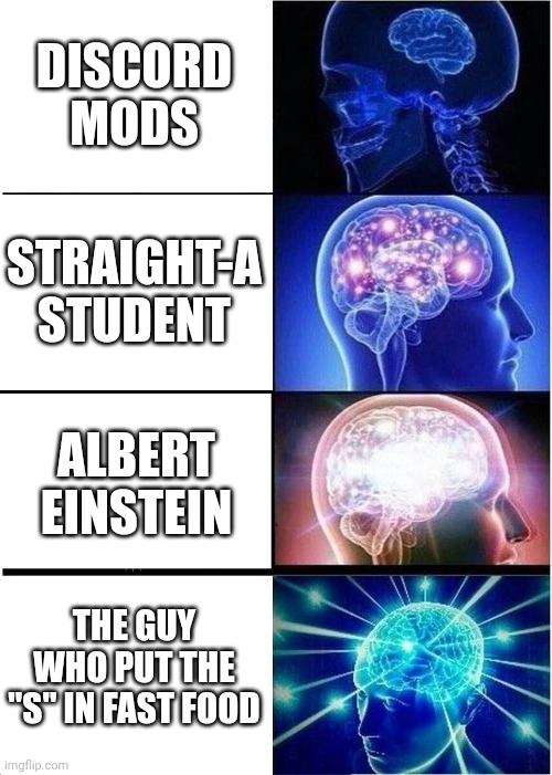 "Fast Food" | DISCORD MODS; STRAIGHT-A STUDENT; ALBERT EINSTEIN; THE GUY WHO PUT THE "S" IN FAST FOOD | image tagged in memes,expanding brain,genius,fast food,discord moderator,albert einstein | made w/ Imgflip meme maker