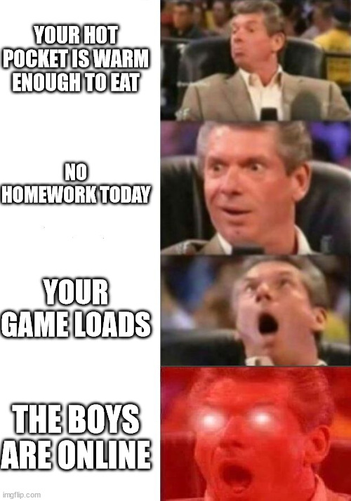 Mr. McMahon reaction | YOUR HOT POCKET IS WARM ENOUGH TO EAT; NO HOMEWORK TODAY; YOUR GAME LOADS; THE BOYS ARE ONLINE | image tagged in mr mcmahon reaction | made w/ Imgflip meme maker